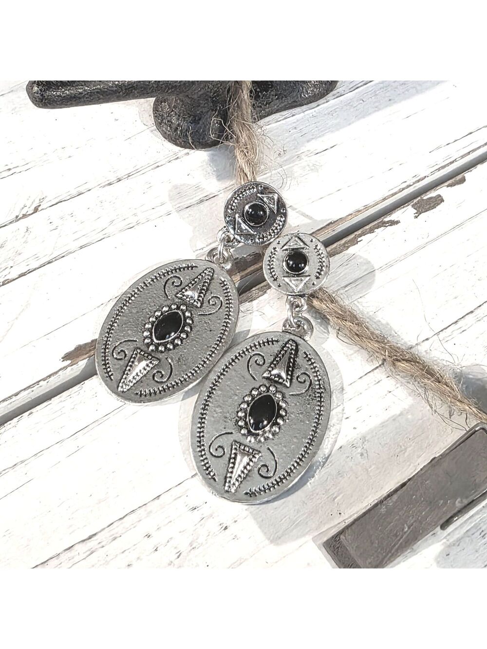 Oval Silver Pewter Drop Earrings With Black Accents & Intricate Design